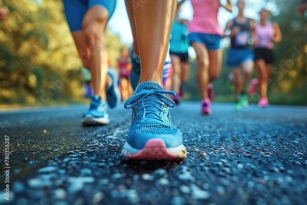 Fototapeta Close-up of a marathon female runner's blue running shoes on the asphalt, in front of a group of out of focus runners