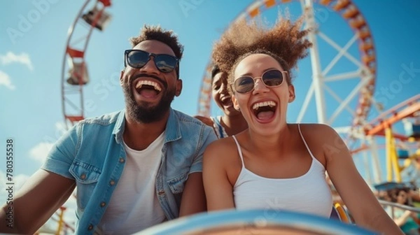 Fototapeta extreme fun types of entertainment in a theme park for people who love Adrenaline. happy beautiful black couple laughing. close up portrait of emotional people