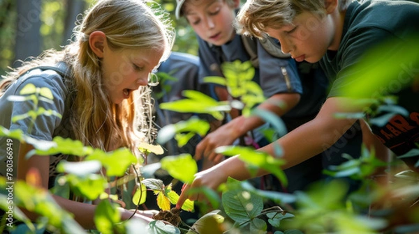 Fototapeta Students learning outdoors in forest, hands-on activities such as environmental science experiments, benefits of outdoor education in fostering connection to natural world and experiential learning