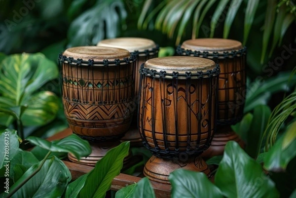 Fototapeta Set of Four Authentic African Djembe Drums on Vibrant Leafy Green Foliage Background