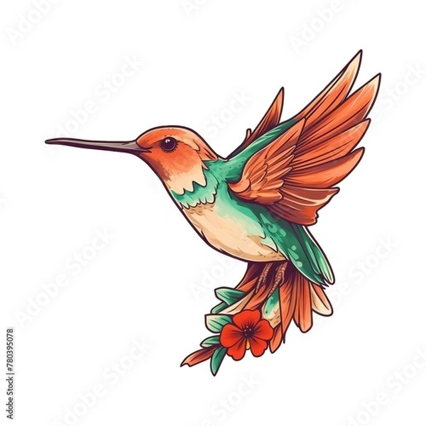 Fototapeta Beautiful cute Hummingbird in Flight. Hummingbird with flower. Isolated on white background