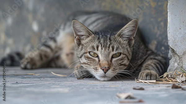 Fototapeta Striped cat lying down comfortably in the shade, looking directly at the camera with a relaxed gaze.