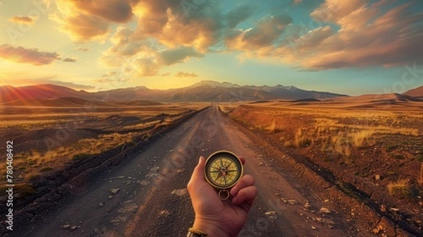 Fototapeta Hand with compass at mountain road at sunset sky