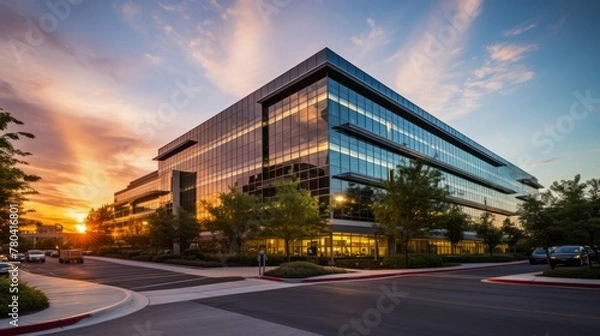 Fototapeta AI generated illustration of an empty road in front of a building at sunset with a vibrant sky