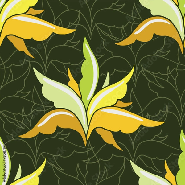 Fototapeta Vector dark green seamless pattern background: Iris In The Woods.