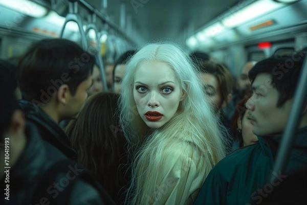 Fototapeta Woman on a crowded subway looking at the camera intensely, AI-generated.