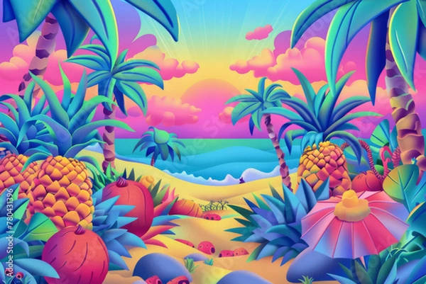 Fototapeta A tropical beach scene with palm trees, pineapples and umbrellas, in the background there is an oasis of cacti and mountains