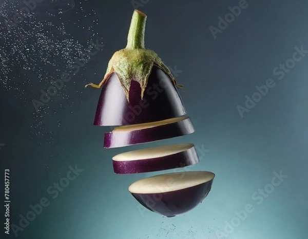 Obraz An eggplant levitating while being sliced, with each slice gently separating and water droplets suspended around