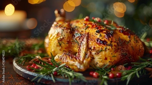 Fototapeta Rotisserie Chicken on a rustic wooden board, garnished with fresh herbs, exuding a warm, festive atmosphere with a backdrop of soft lighting and holiday decor.