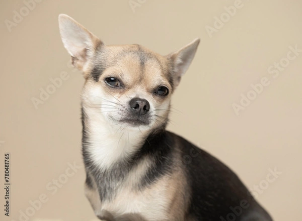 Fototapeta Young Chihuahua Dog on a beige background looking into the camera and squinting - studio portrait