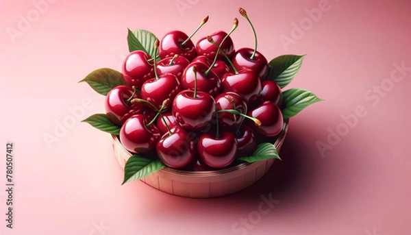 Fototapeta Elegant Basket of Ripe Cherries on Soft Pink Background - Freshness and Natural Beauty
