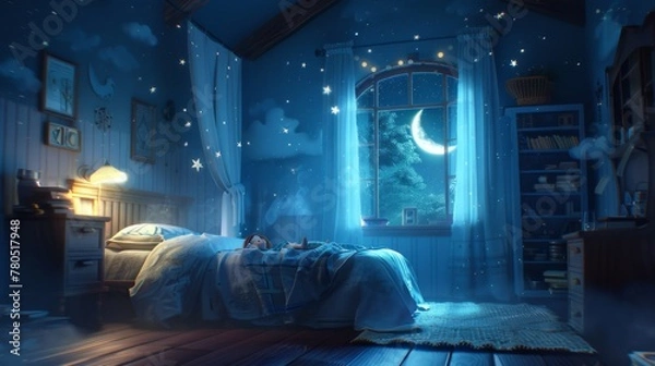 Fototapeta A cozy bedroom scene with a mother tucking her child into bed, surrounded by twinkling stars and a crescent moon shining through the window