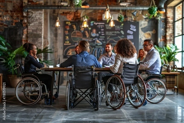 Fototapeta A team of professionals, including a disabled colleague, meet to discuss inclusivity and welcome a young businessman.