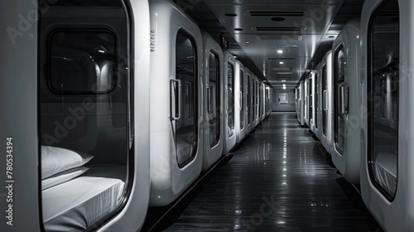 Obraz Sleek Capsule Hotel Design. The sleek black-and-white interior of a capsule hotel corridor, featuring futuristic capsule rooms for a modern, space-efficient accommodation experience