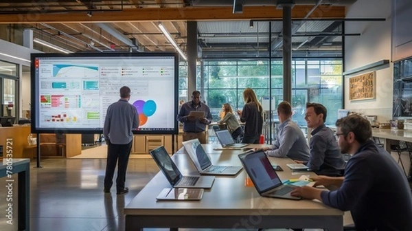 Fototapeta A group of people are gathered around a large monitor in a conference room. The man standing in front of the monitor is giving a presentation. The room is filled with laptops and a few chairs