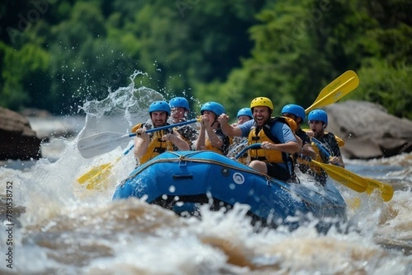 Obraz A group of people are rafting down a river, with one man holding a paddle. The water is choppy and the group is having a great time