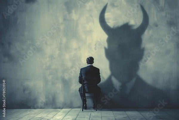 Obraz A thought-provoking image depicting a seated man in a suit with his shadow on a textured wall, forming a silhouette with devilish horns, suggesting a hidden malevolent nature or internal struggle