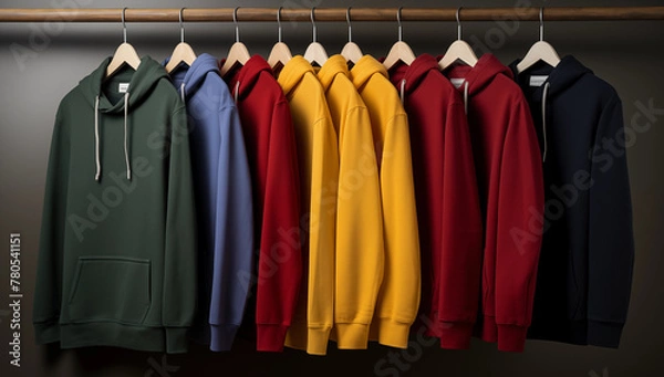 Fototapeta Several hoodies of different colors hang on a hanger on a dark background logo Placement and Branding concept