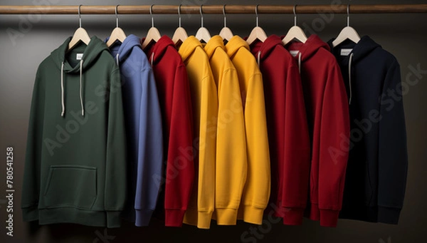 Fototapeta Several hoodies of different colors hang on a hanger on a dark background logo Placement and Branding concept