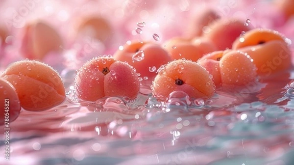 Fototapeta In slow motion, fresh apricots gently drop into the water, creating ripples of pink and aquamarine hues, reflecting the sparkling water.
