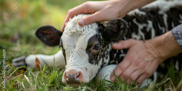 Fototapeta Gentle Hands Petting a Newborn Calf Lying in Grass
