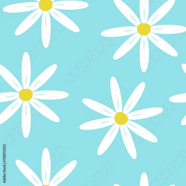 Fototapeta Seamless pattern with large summer flowers. Chamomiles on a blue background