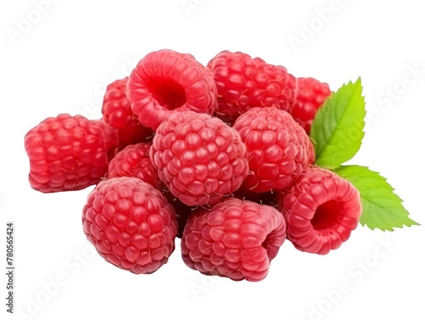 Fototapeta Ripe group of raspberries fruit isolated on transparent background cutout, PNG file.