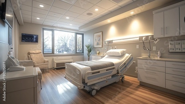 Obraz Comfortable hospital room with patient bed and modern medical equipment. Private healthcare facility designed for patient care and recovery. Cozy interior with a view and professional services.
