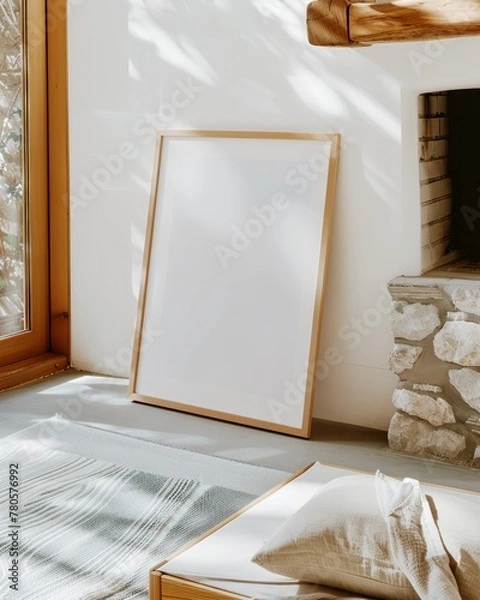 Fototapeta vertical wooden frame mock up, wooden frame poster near fireplace on floor with white wall