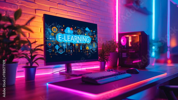 Obraz Interactive e-learning platform displayed on computer monitor in a cozy home office. Neon-lit workspace with modern technology for online education. Engaging digital study environment.