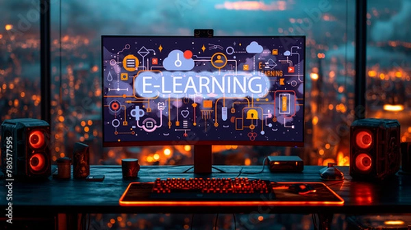 Obraz Elevated e-learning workspace overlooking city night lights. Interactive technology and modern design for engaging online education. Multimedia-ready computer setup for evening courses.