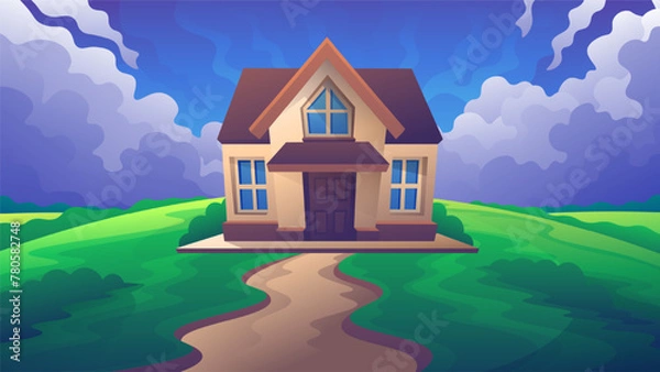 Fototapeta Road to cartoon colorful house. Lonely villa with a green plot on a stormy sky background.