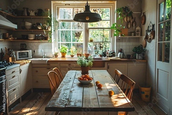 Obraz Cozy and Inviting Kitchen and Dining Room Interior with Soft Lighting Subtle Textures and Harmonious Colors in Documentary Photography Style