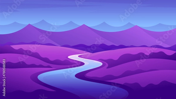 Fototapeta Evening natural landscape. The river flows through the fields on a mountain range background.