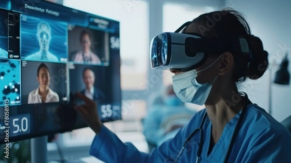 Obraz Telemedicine concept Professional man smiles while looking at photo.AI generated image