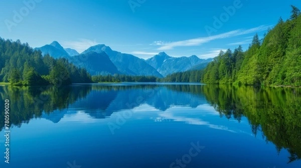 Fototapeta A serene lake surrounded by verdant forests and distant mountains, reflecting the clear blue sky above, creating a tranquil summer background perfect for showcasing business branding.