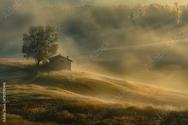 Obraz Enchanting Tuscan Countryside Landscape Bathed in Golden Sunlight and Ethereal Mist