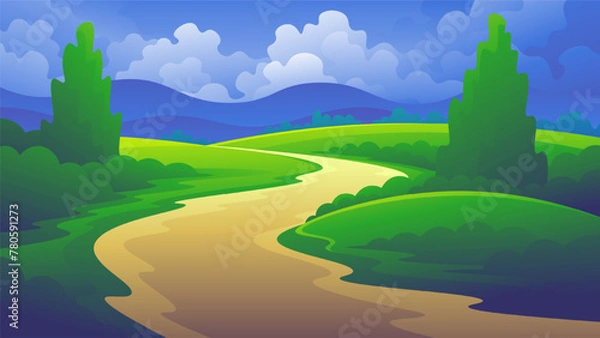 Fototapeta Horizontal vector landscape beautiful green illustration of hills with trees and road.