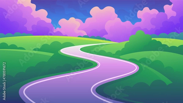 Fototapeta Winding road through green meadows against the backdrop of a beautiful pink fluffy sky clouds.