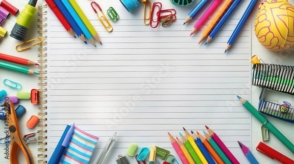 Obraz A blank notebook is surrounded by colorful school supplies