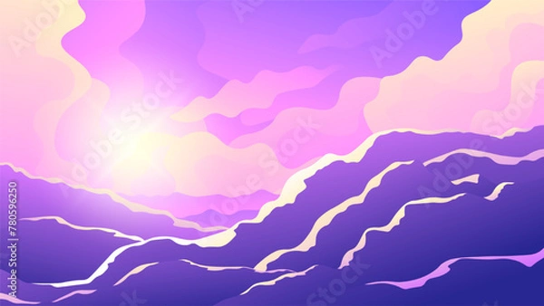 Fototapeta Beautiful sunbeams over the ridge of mountains. Sunset on top of mountains with pink evening sky background.