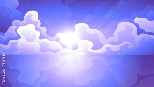 Fototapeta The blue sky with fluffy clouds is reflected in the water surface of the horizontal landscape.