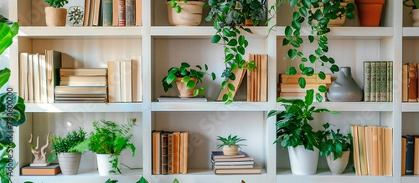 Fototapeta bookshelf unite with the houseplant in modern home concept