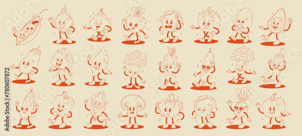 Fototapeta Funny vegetables retro cartoon characters sticker set. Modern label with cute comics characters. Hand drawn doodles of comic mascot. Set in modern cartoon style. 70s retro vibes.