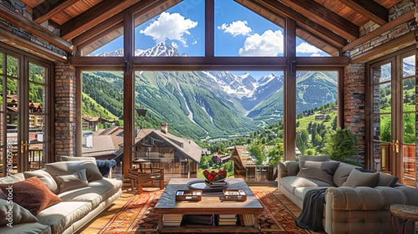 Fototapeta Picturesque Alpine Village with Cozy Chalets and Green Meadows, A Peaceful Retreat Surrounded by Stunning Mountains