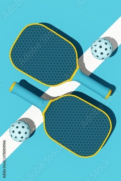 Obraz Pickleball sport equipments. Top view of rackets and balls on blue court. 3d illustration, rendering. Background for sport postcard, flyer, poster.
