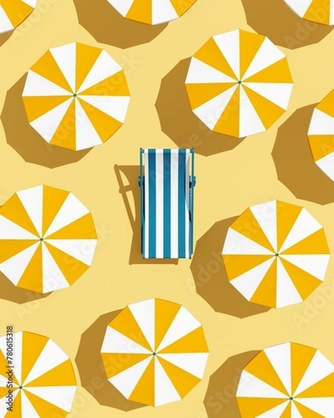 Obraz Top view of orange umbrellas with one blue beach chair on sandy color background. Summer vacation concept. 3d rendering, illustration.