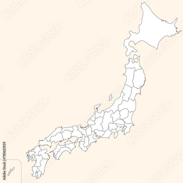 Obraz 日本の47都道府県、島を省略したシンプルな日本地図、淡い色の白地図