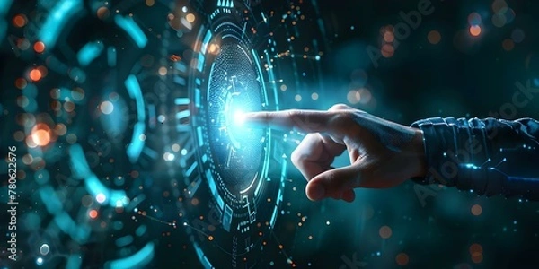 Fototapeta Businessman finger touch virtual screen, NFT token digital crypto art blockchain technology concept.