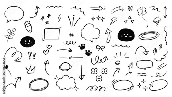 Fototapeta Set of cute pen line doodle element vector. Hand drawn doodle style collection of scribble, speech bubble, arrow, paw, carrot, flower, heart. Design for print, cartoon, card, decoration, sticker.